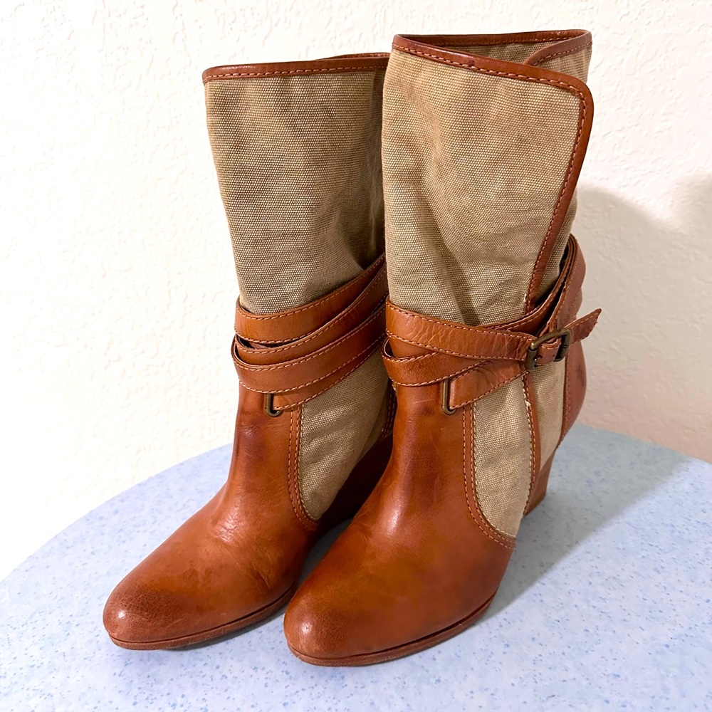 Frye Wedge Boots Leather Canvas Buckle Fold Over Cuff.